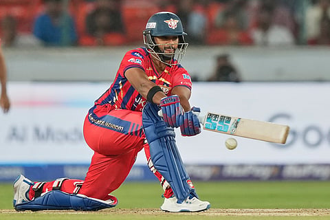 Lucknow Super Giants' Nicholas Pooran plays a shot during the Indian Premier League cricket match between Sunrisers Hyderabad and Lucknow Super Giants in Hyderabad, India.