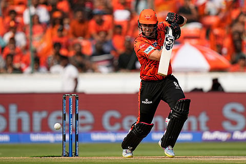 Sunrisers Hyderabad's Liam Livingstone plays a shot during the Indian Premier League cricket match between Sunrisers Hyderabad and Lucknow Super Giants in Hyderabad, India.