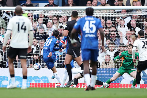 Chelsea's Joao Pedro scores his side's second goal during the English FA Cup quarterfinal soccer match between Chelsea and Port Vale in London, England.