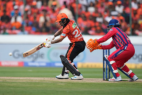 Sunrisers Hyderabad's captain Ishan Kishan plays a shot during the Indian Premier League cricket match between Sunrisers Hyderabad and Lucknow Super Giants in Hyderabad, India.