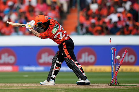 Sunrisers Hyderabad's captain Ishan Kishan bowled out by Lucknow Super Giants' Prince Yadav during the Indian Premier League cricket match between Sunrisers Hyderabad and Lucknow Super Giants in Hyderabad, India.