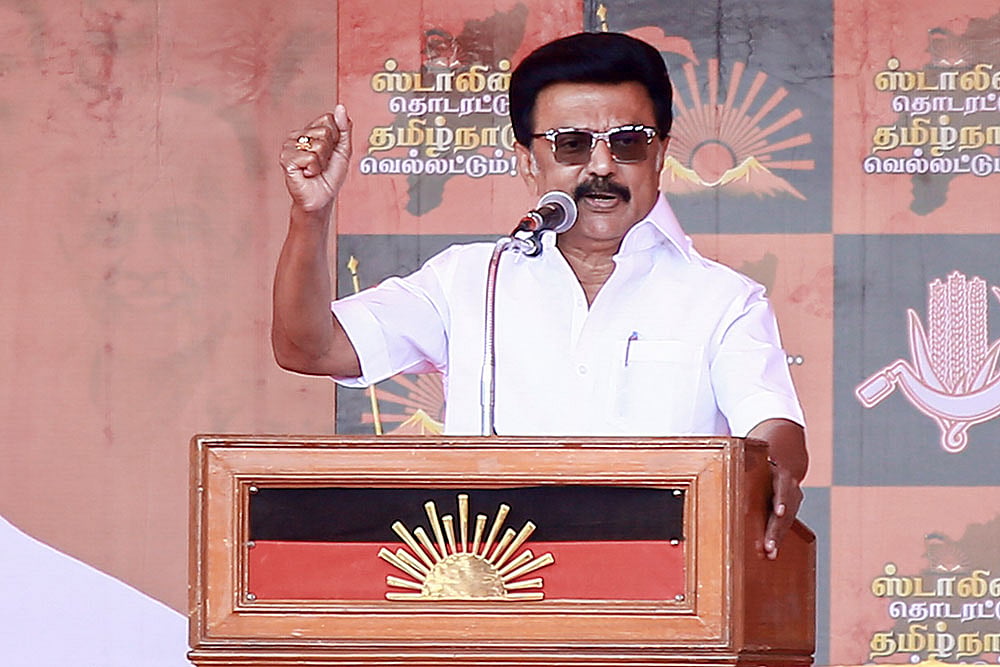 Tamil Nadu Chief Minister MK Stalin addresses a public meeting ahead of the Tamil Nadu Assembly Election, in Virudhunagar. - | Photo: PTI