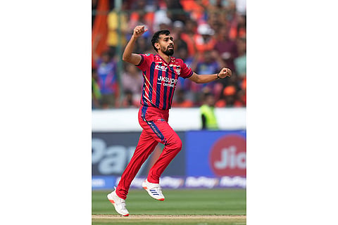 Lucknow Super Giants' Prince Yadav celebrates the wicket of Sunrisers Hyderabad's captain Ishan Kishan during the Indian Premier League cricket match between Sunrisers Hyderabad and Lucknow Super Giants in Hyderabad, India.