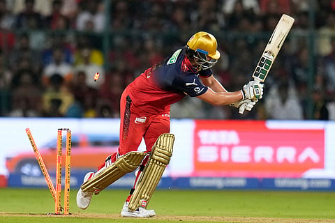 Royal Challengers Bengaluru's Tim David is bowled on a no-ball during the Indian Premier League cricket match between Chennai Super Kings and Royal Challengers Bengaluru in Bengaluru, India.