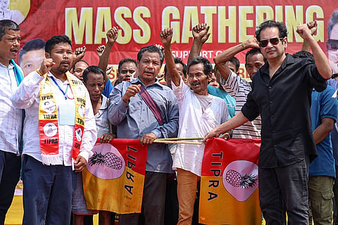 Member of the Tripura Tribal Areas Autonomous District Council Pradyot Bikram Manikya Deb Barma with Dasda-Kanchanpur TTAADC constituency candidate Umashankar Reang, MLA Philip Kumar Reang and others during an election campaign, in North Tuisama, Tripura.
