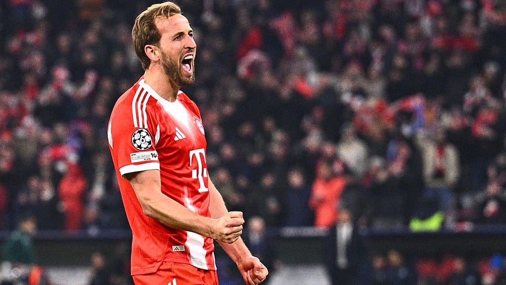 Bayern Munich's Harry Kane reacts during Champions League round of 16 second leg soccer match between Bayern Munich and Atalanta Bergamo in Munich, Germany. - | Photo: Tom Weller/dpa via AP