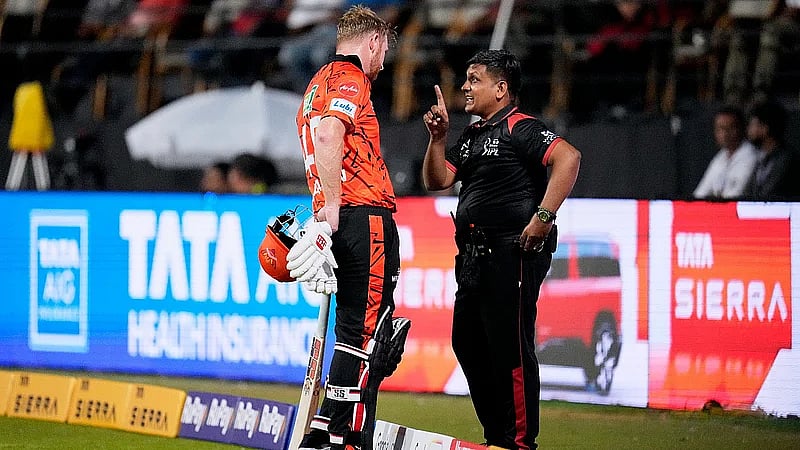 AP : Sunrisers Hyderabad's Heinrich Klaasen, left, unhappy with the third umpire's decision, has a word with the fourth umpire during their Indian Premier League match against Royal Challengers Bengaluru.