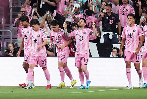 Inter Miami CF forward Lionel Messi (10) reacts after scoring a goal during the first half of an MLS soccer match against Austin FC, in Miami. 