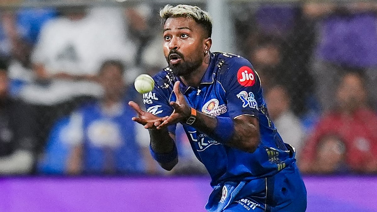 Mumbai Indians' captain Hardik Pandya takes the catch of Kolkata Knight Riders' skipper Ajinkya Rahane during an Indian Premier League 2026 match at the Wankhede Stadium. - PTI