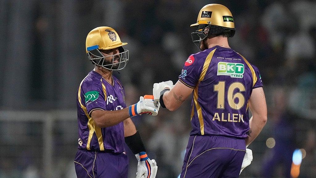 Kolkata Knight Riders' Finn Allen, right, and captain Ajinkya Rahane bat during their Indian Premier League match against Sunrisers Hyderabad in Kolkata. - Photo: AP