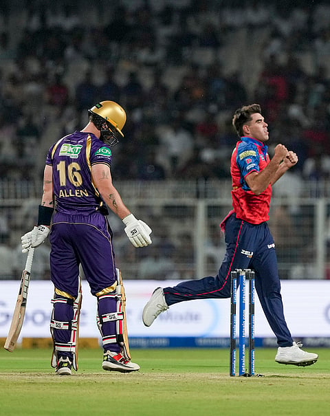 Punjab Kings' Xavier Bartlett, right, celebrates after dismissing Kolkata Knight Riders' Finn Allen during an Indian Premier League (IPL) 2026 cricket match between Kolkata Knight Riders and Punjab Kings at Eden Gardens, in Kolkata.