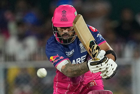 Rajasthan Royals' captain Riyan Parag plays a shot during the Indian Premier League cricket match between Mumbai Indians and Rajasthan Royals in Guwahati.