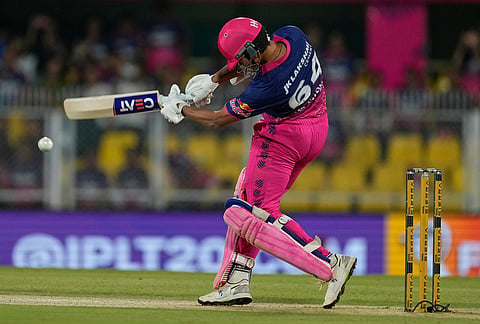 Rajasthan Royals' Yashasvi Jaiswal plays a shot during the Indian Premier League cricket match between Mumbai Indians and Rajasthan Royals in Guwahati.