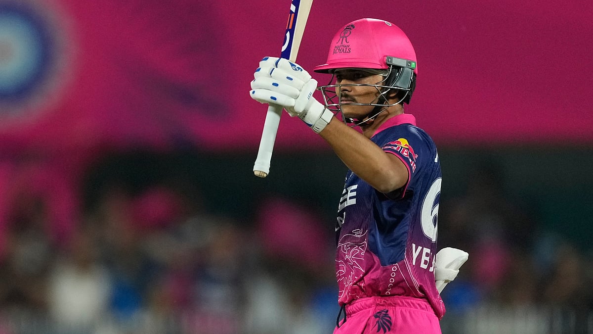 Rajasthan Royals' Yashasvi Jaiswal celebrates his fifty runs during the Indian Premier League cricket match between Mumbai Indians and Rajasthan Royals in Guwahati, India, Tuesday, April 7, 2026.  - AP Photo
