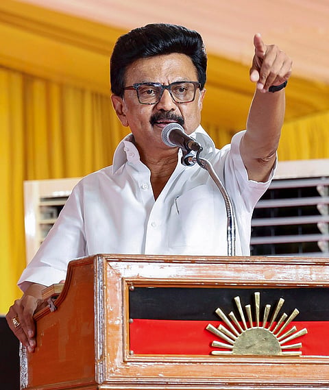 Tamil Nadu Chief Minister MK Stalin addresses a public meeting while campaigning for INDIA alliance candidates ahead of the Assembly elections, in Puducherry.