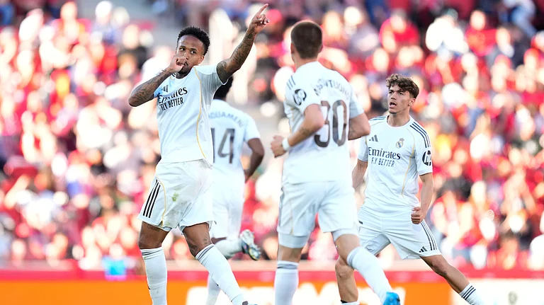 Real Madrid's Eder Militao reacts after scoring during a La Liga soccer match between Mallorca and Real Madrid in Palma de Mallorca, Spain, Saturday, April 4, 2026. - | Photo: AP/Jose Breton