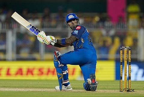 Mumbai Indians' Suryakumar Yadav hits a six during the Indian Premier League cricket match between Mumbai Indians and Rajasthan Royals in Guwahati.