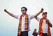 | Photo: PTI : Tipra Motha chief Pradyot Kishore Manikya Debbarma, left, during a public meeting ahead of the Assembly elections, in Agartala.