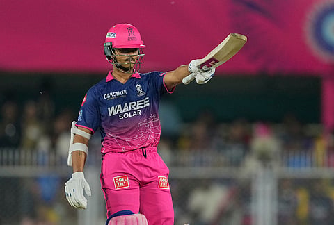 Rajasthan Royals' Yashasvi Jaiswal celebrates his fifty runs during the Indian Premier League cricket match between Mumbai Indians and Rajasthan Royals in Guwahati.