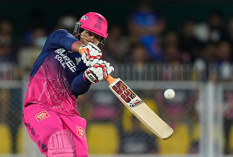 Rajasthan Royals' Vaibhav Sooryavanshi hits a six during the Indian Premier League cricket match between Mumbai Indians and Rajasthan Royals in Guwahati.