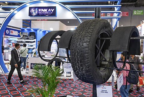 People visit stalls after the inauguration of the 12th edition of India Rubber Expo (IRE) 2026 at Bharat Mandapam, in New Delhi.