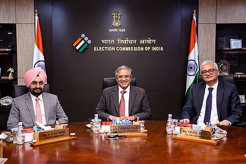 In this image posted on April 8, 2026, Chief Election Commissioner Gyanesh Kumar with Election Commissioners S S Sandhu and Vivek Joshi during a meeting with Trinamool Congress delegation members.