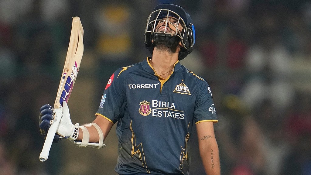 Gujarat Titans' Washington Sundar celebrates his fifty runs during the Indian Premier League match between Delhi Capitals and Gujarat Titans in New Delhi. - AP/Manish Swarup
