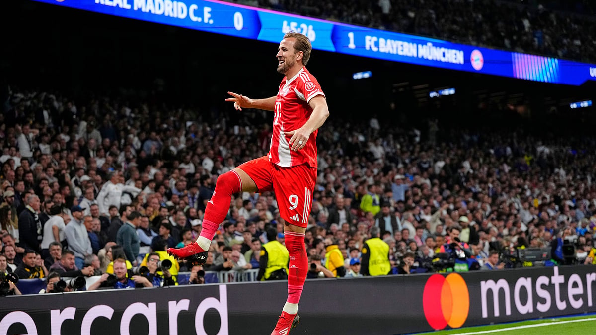 Harry Kane celebrates after scoring the winner against Real Madrid in UEFA Champions League 2025-26 first leg quarter-final at the Santiago Bernabeu in Madrid.  - AP Photo