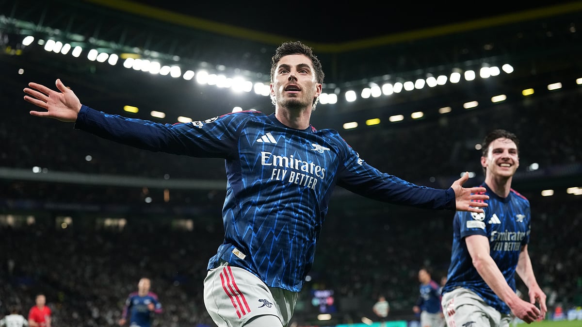 AP Photo : Kai Havertz celebrating after scoring against Sporting Lisbon in UEFA Champions League quarter-final first leg in Portugal.