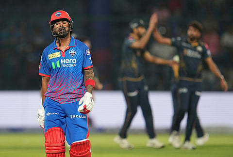 Delhi Capitals' KL Rahul leaves the ground after losing his wicket during the Indian Premier League cricket match between Delhi Capitals and Gujarat Titans in New Delhi.