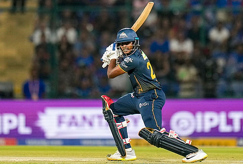 Gujarat Titans' Sai Sudharsan plays a shot during an Indian Premier League (IPL) 2026 T20 cricket match between Delhi Capitals and Gujarat Titans, at Arun Jaitley Stadium, in New Delhi.