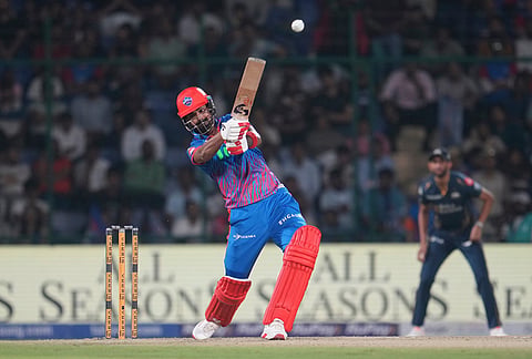 Delhi Capitals' KL Rahul plays a shot during the Indian Premier League cricket match between Delhi Capitals and Gujarat Titans in New Delhi.