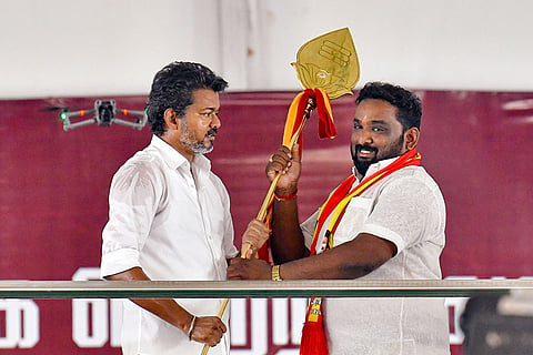 Tamilaga Vettri Kazhagam (TVK) chief and candidate from the Tiruchirappalli East constituency, Vijay, during a public meeting ahead of the Tamil Nadu Assembly elections, in Tirunelveli.
