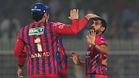 AP Photo : Prince Yadav and LSG cricketers celebrate after dismissing Finn Allen during KKR vs LSG IPL 2026 match at Eden Gardens. 