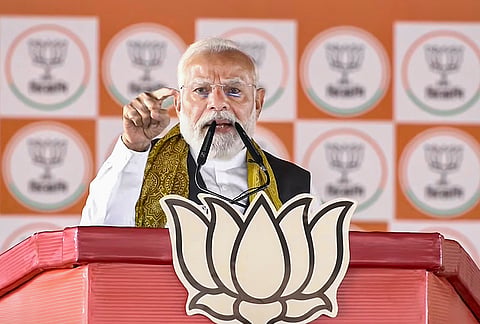 Prime Minister Narendra Modi speaks during a public meeting ahead of the West Bengal Assembly elections, in Haldia, West Bengal. 