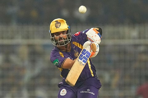 Kolkata Knight Riders' captain Ajinkya Rahane plays a shot during the Indian Premier League cricket match between Kolkata Knight Riders and Lucknow Super Giants in Kolkata, India.