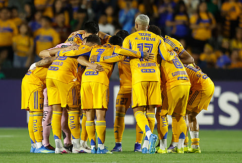 Mexico's Tigres players huddle prior to a CONCACAF Champions Cup quarterfinal first leg soccer match against the United States' Seattle Sounders in Monterrey, Mexico.