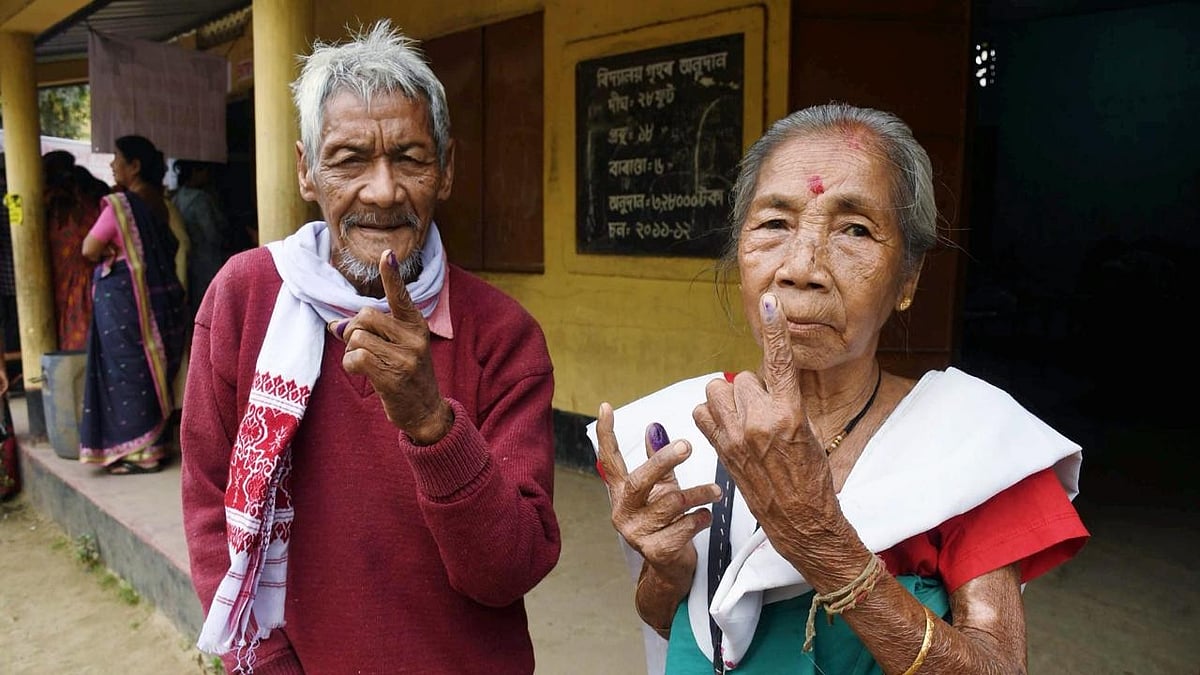 PTI  : Guwahati: Elderly people show their ink-marked fingers after casting votes during the Assam Assembly elections, at a polling station, in Guwahati, Thursday, April 9, 2026. 
