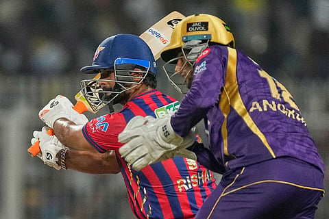 Lucknow Super Giants' captain Rishabh Pant plays a shot during the Indian Premier League cricket match between Kolkata Knight Riders and Lucknow Super Giants in Kolkata, India.