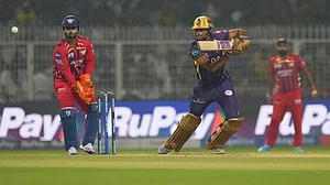 | Photo: AP/Bikas Das : Kolkata Knight Riders' Angkrish Raghuvanshi plays a shot during the Indian Premier League cricket match between Kolkata Knight Riders and Lucknow Super Giants in Kolkata, India.