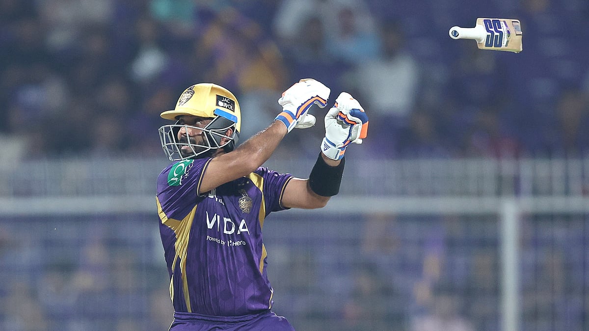 Ajinkya Rahane's bat slips while hitting a shot during KKR vs LSG IPL 2026 match at Eden Gardens.  - IPL/X