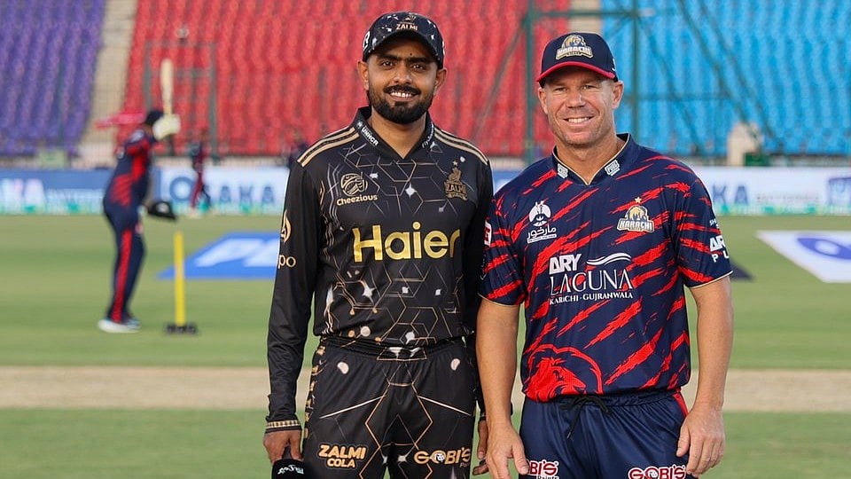 thepslt20/X : Babar Azam and David Warner at the Karachi Kings Vs Peshawar Zalmi PSL 2026 match toss at the National Stadium in Karachi.