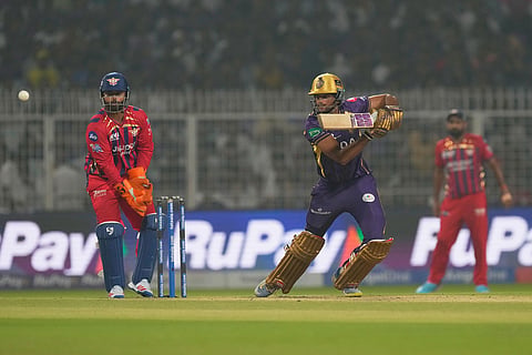 Kolkata Knight Riders' Angkrish Raghuvanshi plays a shot during the Indian Premier League cricket match between Kolkata Knight Riders and Lucknow Super Giants in Kolkata, India.