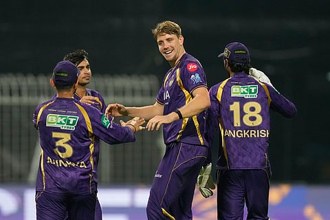 Kolkata Knight Riders' Cameron Green celebrates with teammates the wicket of Lucknow Super Giants' captain Rishabh Pant during the Indian Premier League cricket match between Kolkata Knight Riders and Lucknow Super Giants in Kolkata, India.