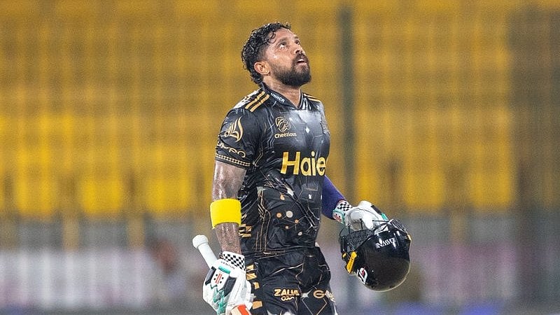 Kusal Mendis celebrating his century for Peshawar Zalmi against Karachi Kings in IPL 2026 clash at National Stadium in Karachi.  - thepslt20/X