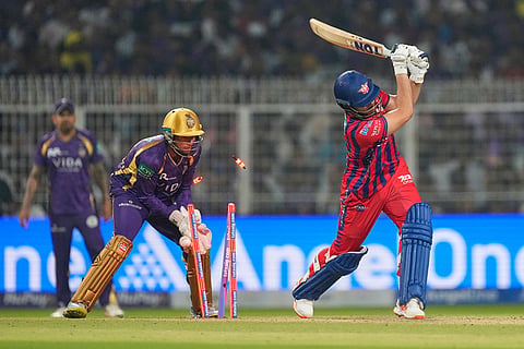 Lucknow Super Giants' Abdul Samad is bowled out by Kolkata Knight Riders' Anukul Roy during the Indian Premier League cricket match between Kolkata Knight Riders and Lucknow Super Giants in Kolkata, India.