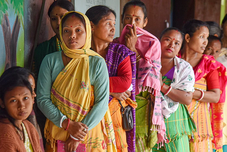 Tamulpur: Women stand in a queue to cast their votes during the Assam Assembly elections, at a polling station, in Tamulpur, Assam, Thursday, April 9, 2026. - | PTI |