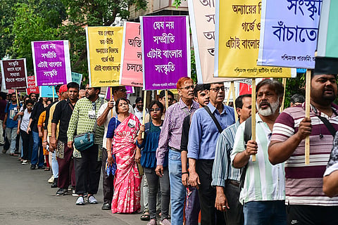 Kolkata: Members of the West Bengal Performing Artists Community stage a protest against the Union Ministry of Culture over the suspension of performing arts grants for 2024-26, in Kolkata.