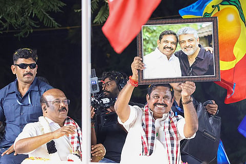 AIADMK General Secretary Edappadi K Palaniswami campaigns for party candidate D Jayakumar ahead of the Tamil Nadu Assembly elections, in Chennai.