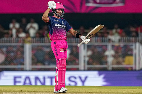Rajasthan Royals' Dhruv Jurel celebrates his half-century during the Indian Premier League (IPL) 2026 T20 cricket match between Rajasthan Royals and Royal Challengers Bengaluru, in Guwahati.
